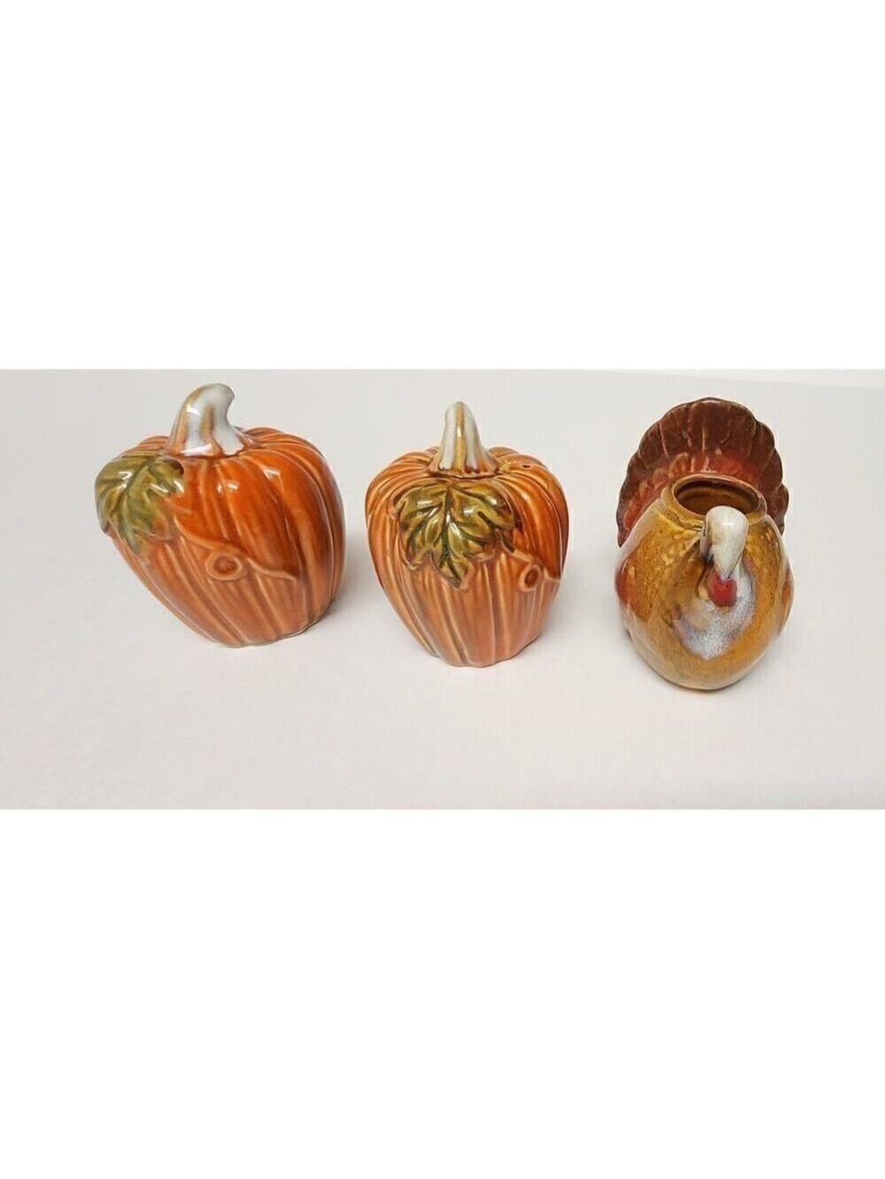 Ceramic Pumpkin salt & Pepper Shakers Orange Green Glaze/ Free Toothpick Holder